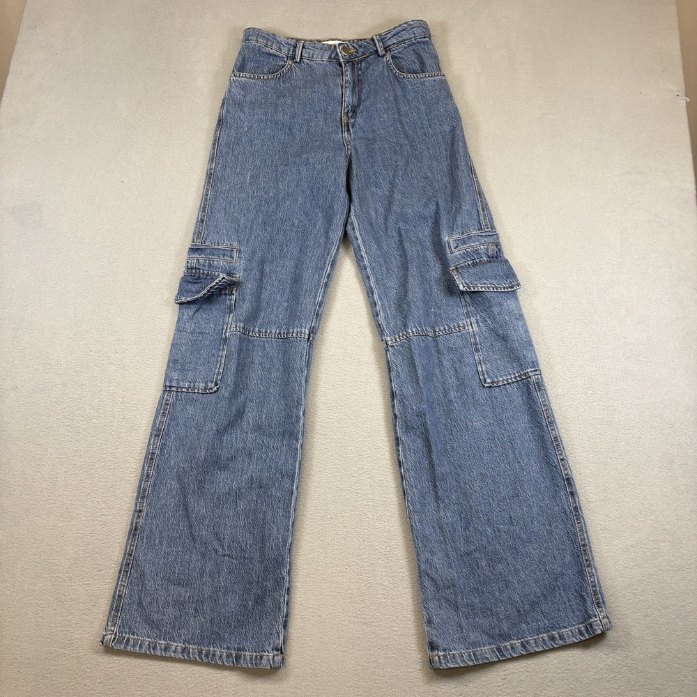 Zara Wide-Leg Cargo Denim Jeans Sz 2 Loose Baggy Blue Skate Utility